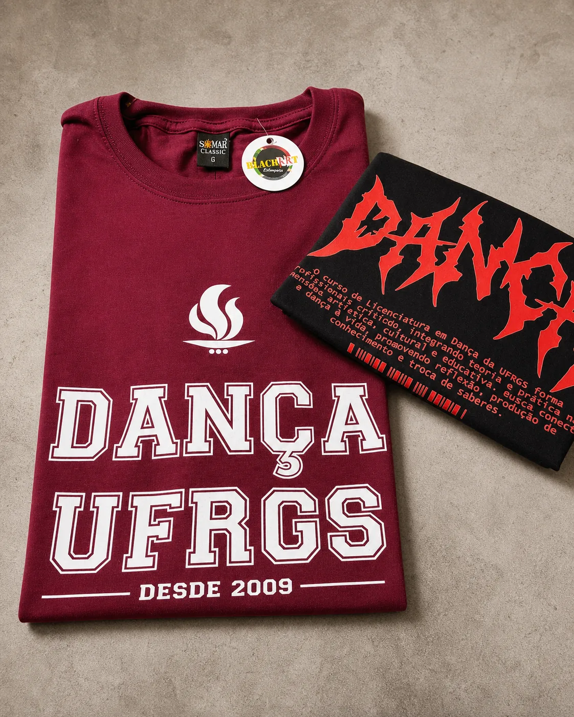 Camiseta bordô e preta Dança UFRGS